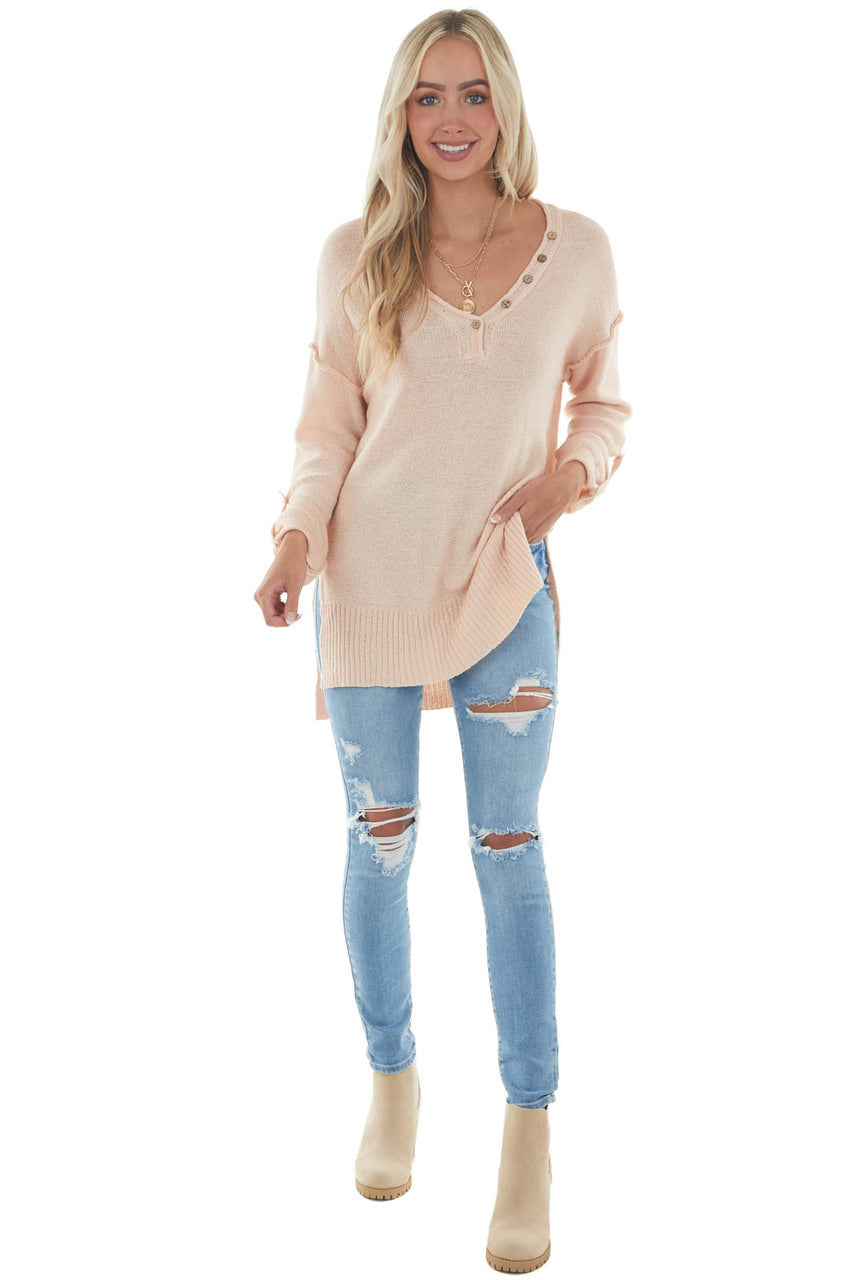 Apricot V Neck Knit Sweater with Wood Button Details
