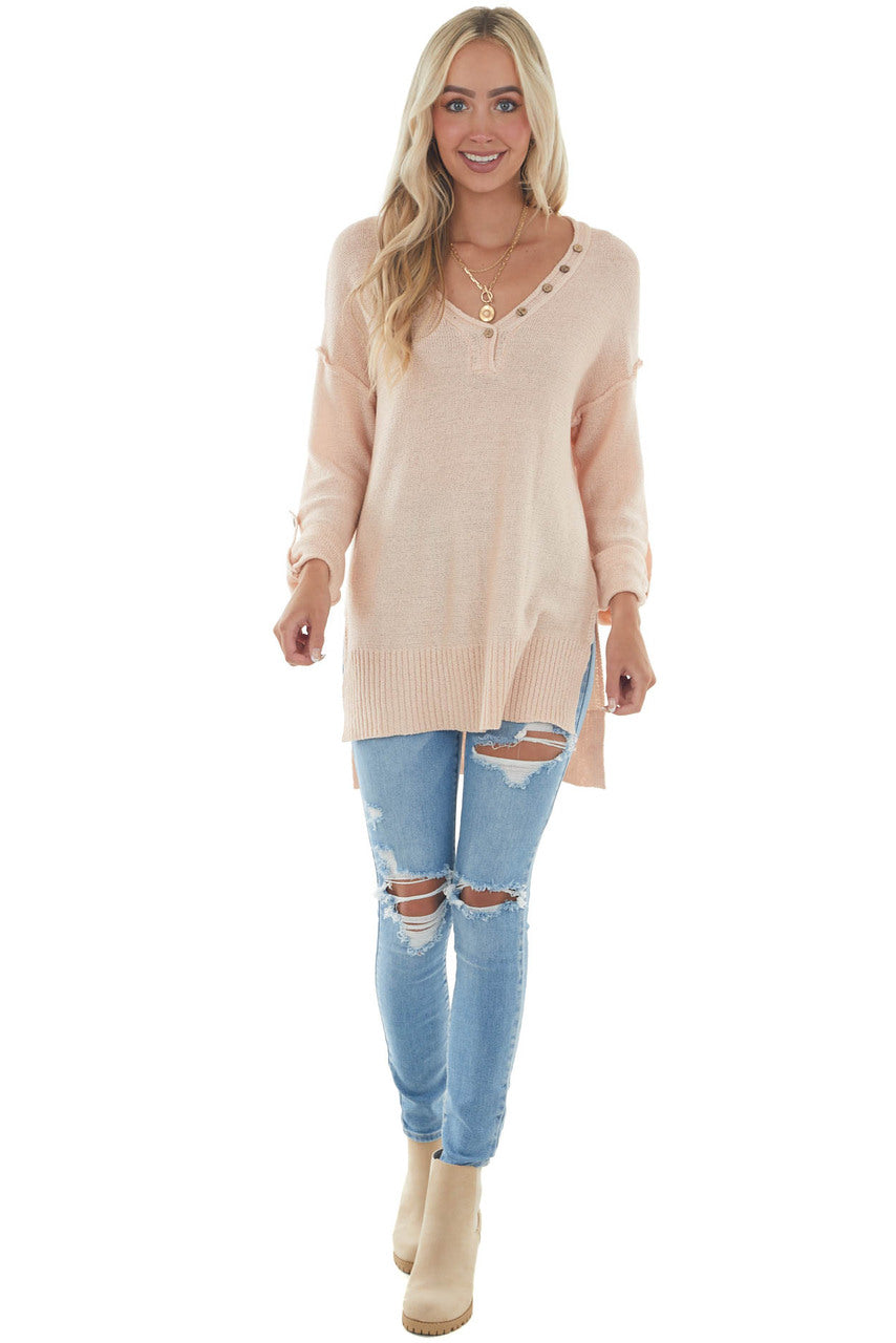 Apricot V Neck Knit Sweater with Wood Button Details