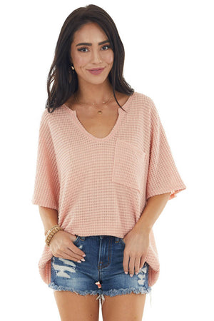 Apricot Waffle Knit Short Sleeve Top with Front Pocket Detail