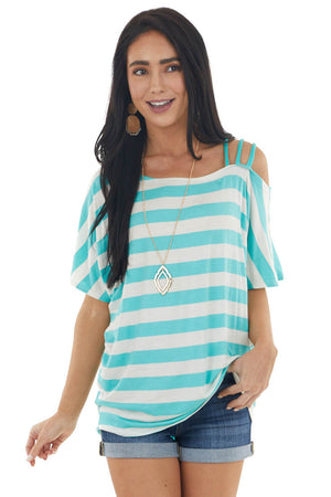 Aqua Blue and Cream Striped Cold Strapped Shoulder Knit Top