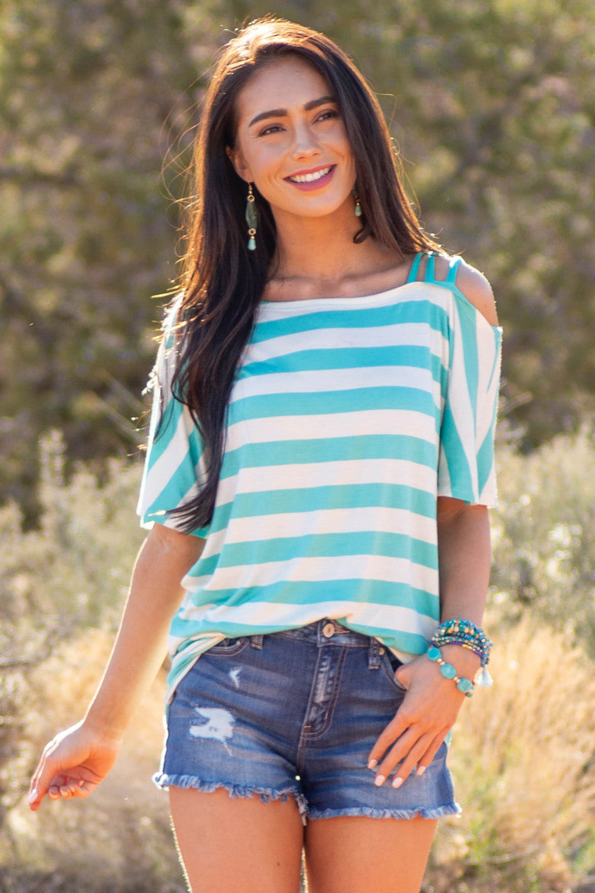 Aqua Blue and Cream Striped Cold Strapped Shoulder Knit Top