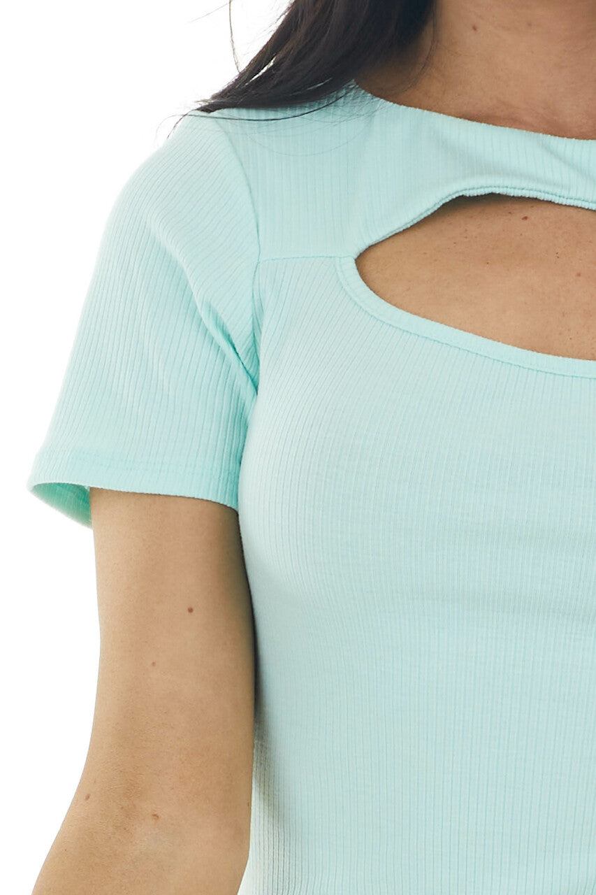 Aqua Blue Bodycon Ribbed Knit Dress with Cutout Detail 