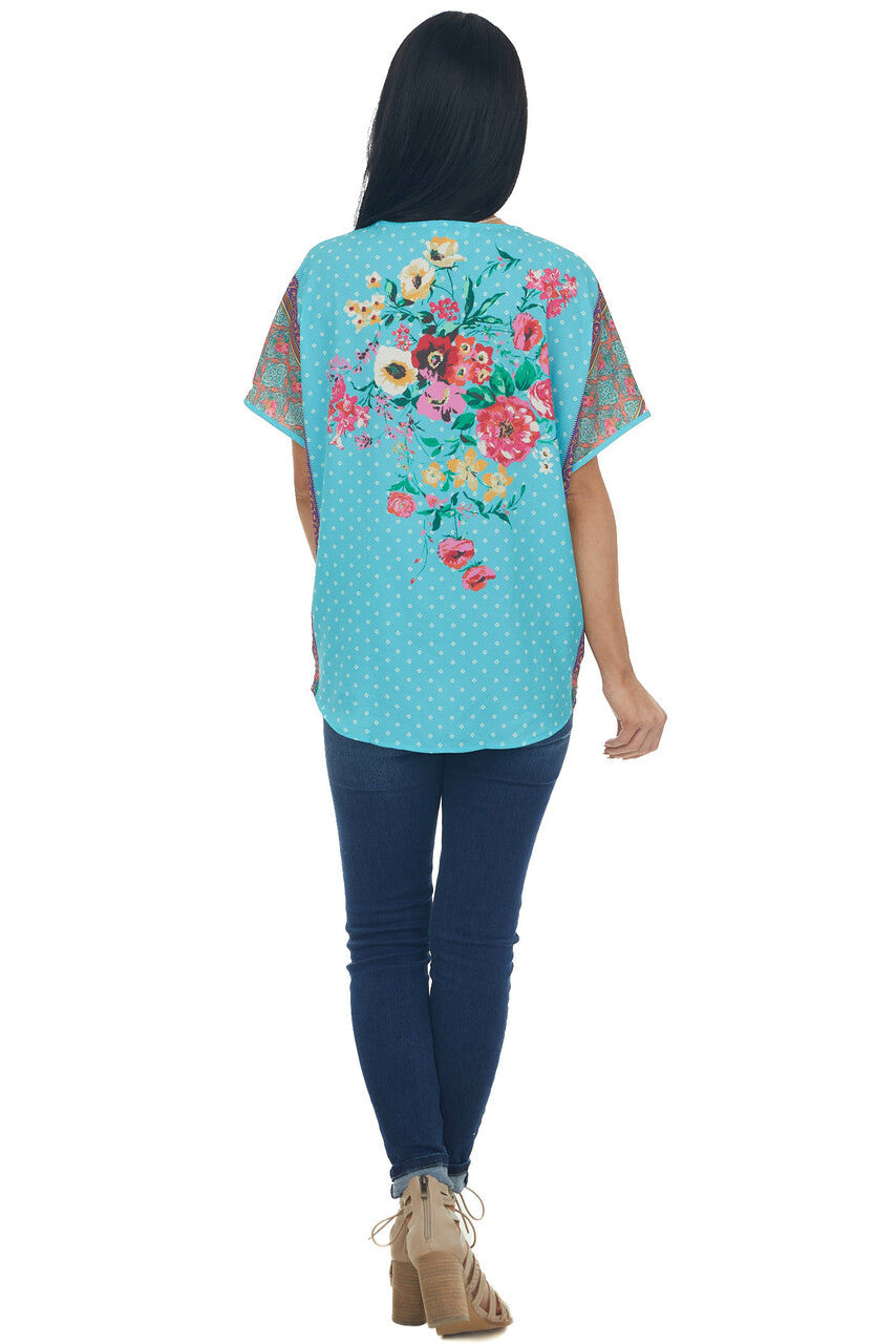 Aqua Blue Multiprint Short Sleeve Surplice Top