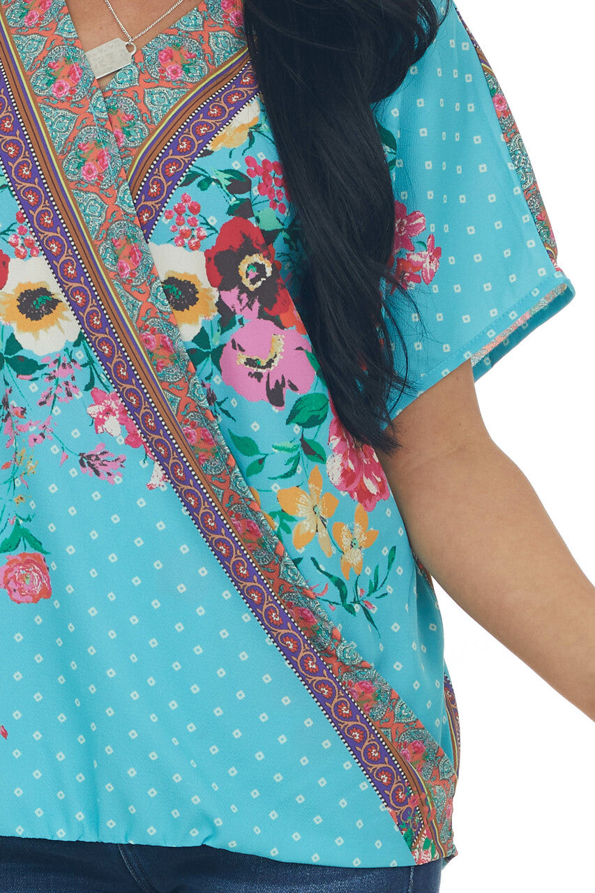 Aqua Blue Multiprint Short Sleeve Surplice Top
