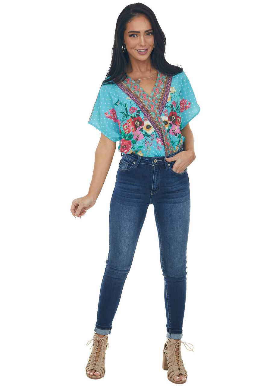 Aqua Blue Multiprint Short Sleeve Surplice Top