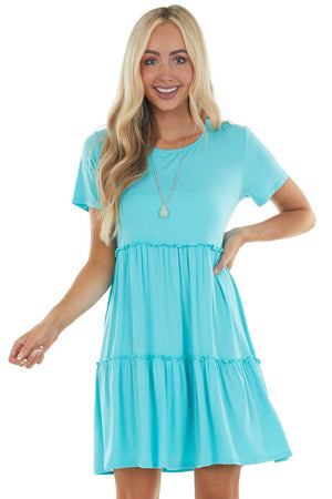 Aqua Cap Sleeve Drop Waist Tiered Short Dress