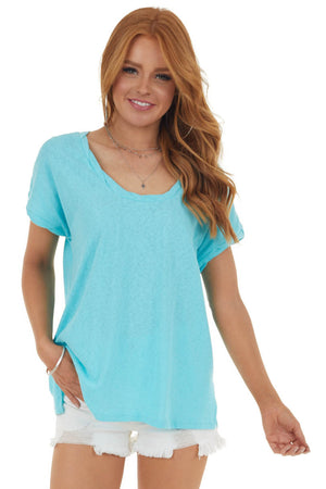 Aqua Knit Top with Twisted Neck and Cuff 