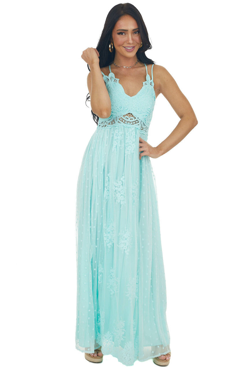 Aqua Lace Sleeveless Mesh Maxi Dress