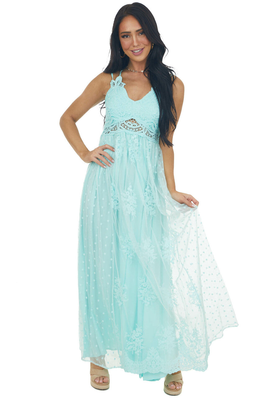 Aqua Lace Sleeveless Mesh Maxi Dress