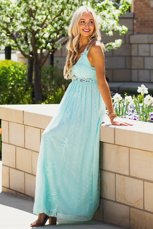 Aqua Lace Sleeveless Mesh Maxi Dress