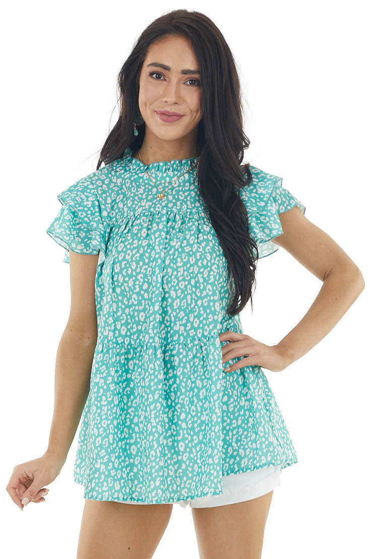 Aqua Leopard Print Woven Top with Drop Waist