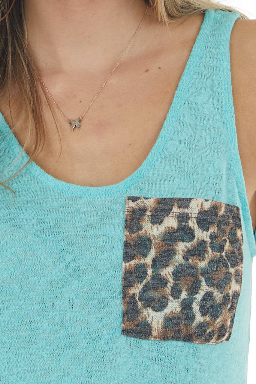 Aqua Loose Knit Tank Top with Leopard Print Front Pocket 