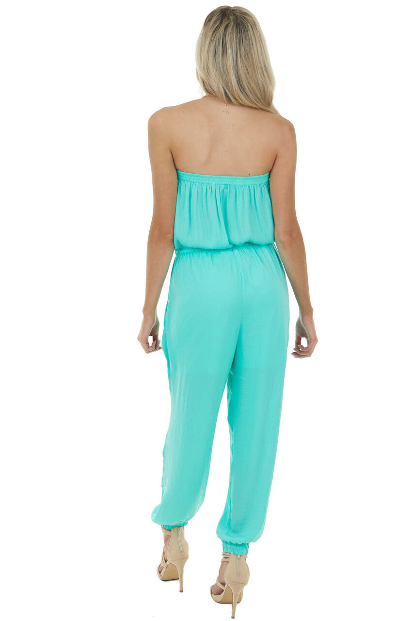 Aqua Silky Strapless Jumpsuit with Elastic Waist and Tie