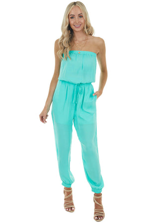 Aqua Silky Strapless Jumpsuit with Elastic Waist and Tie