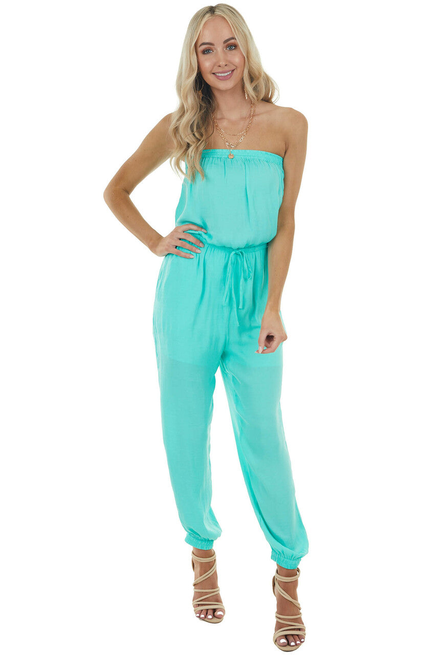 Aqua Silky Strapless Jumpsuit with Elastic Waist and Tie