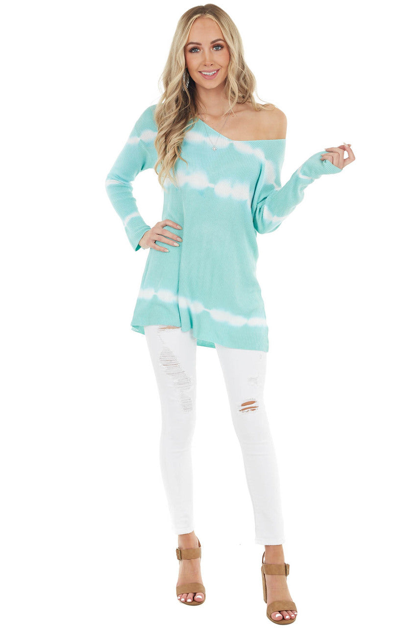 Aqua Striped Tie Dye Ribbed Knit Top with Long Sleeves