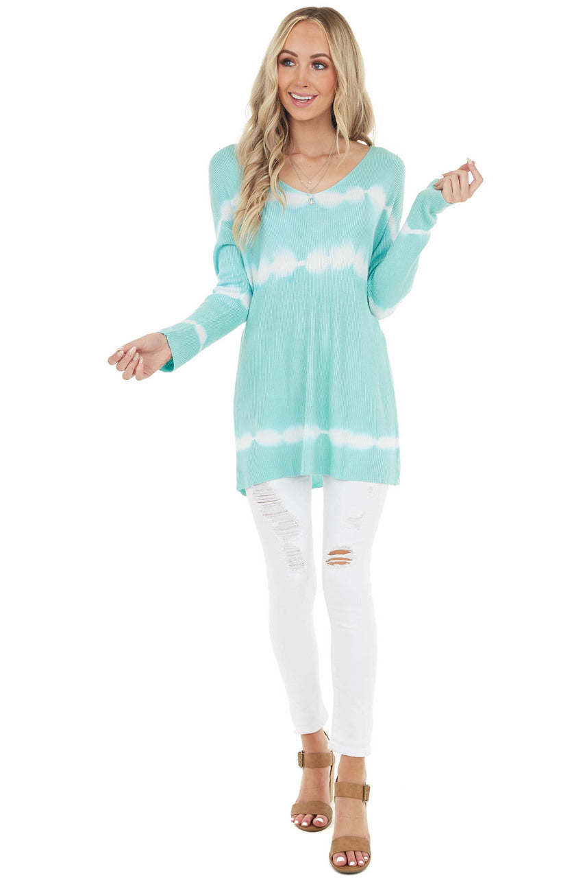 Aqua Striped Tie Dye Ribbed Knit Top with Long Sleeves
