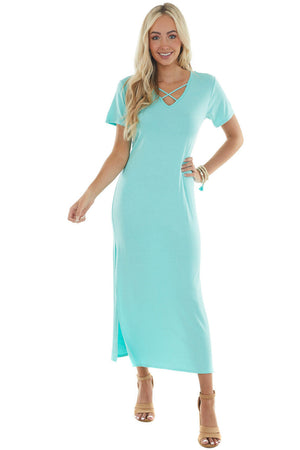 Aquamarine Criss Cross V Neck Knit Maxi Dress