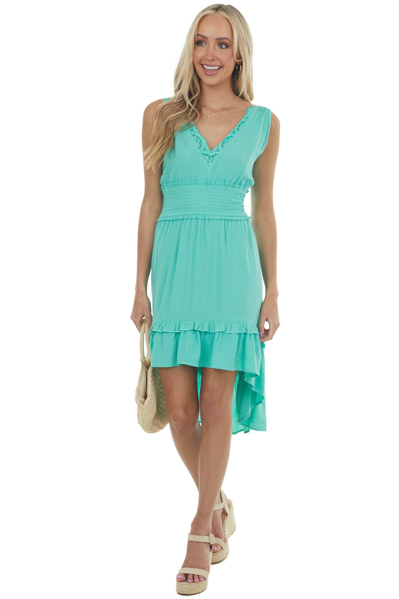 Aquamarine Lace V Neck High Low Sleeveless Dress