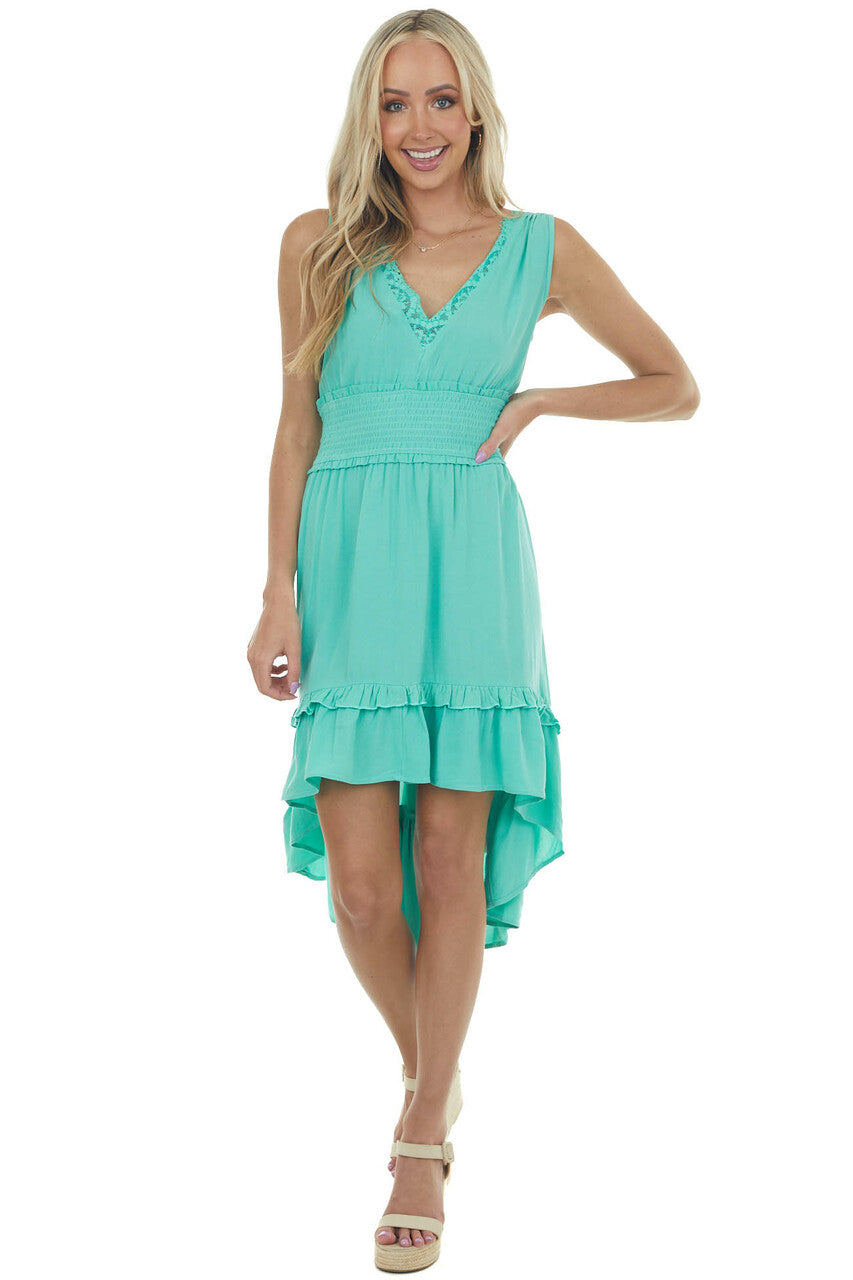 Aquamarine Lace V Neck High Low Sleeveless Dress