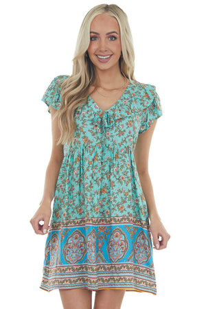 Aquamarine Multiprint Cap Sleeve Short Dress