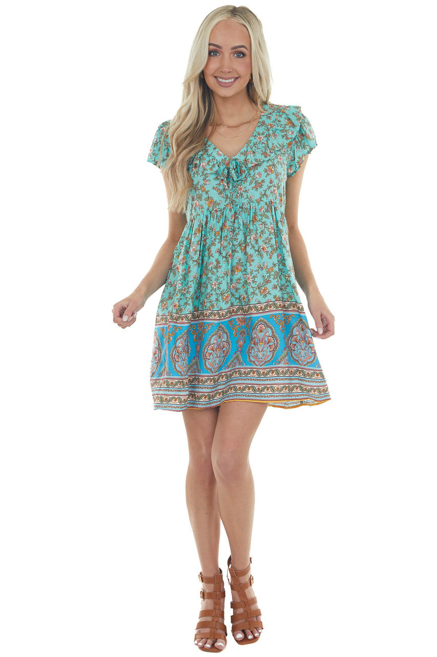 Aquamarine Multiprint Cap Sleeve Short Dress
