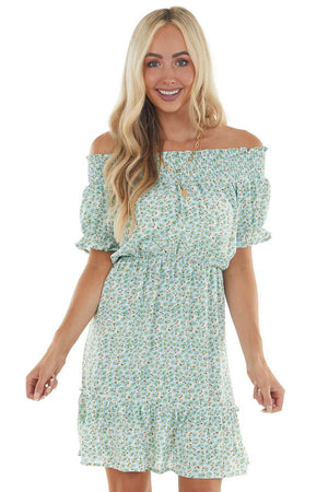 Arctic Blue Ditsy Floral Off Shoulder Dress