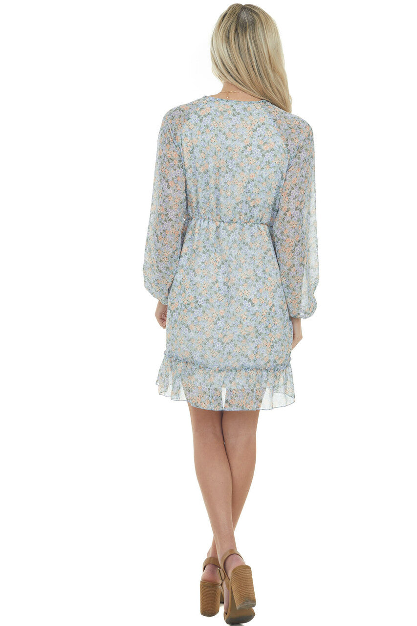 Arctic Blue Floral Long Sleeve Woven Dress