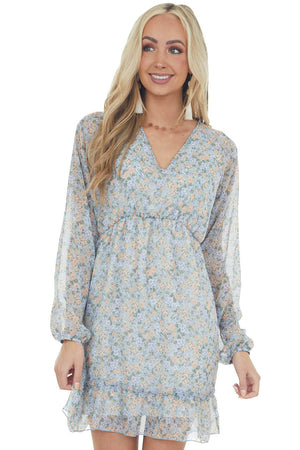 Arctic Blue Floral Long Sleeve Woven Dress