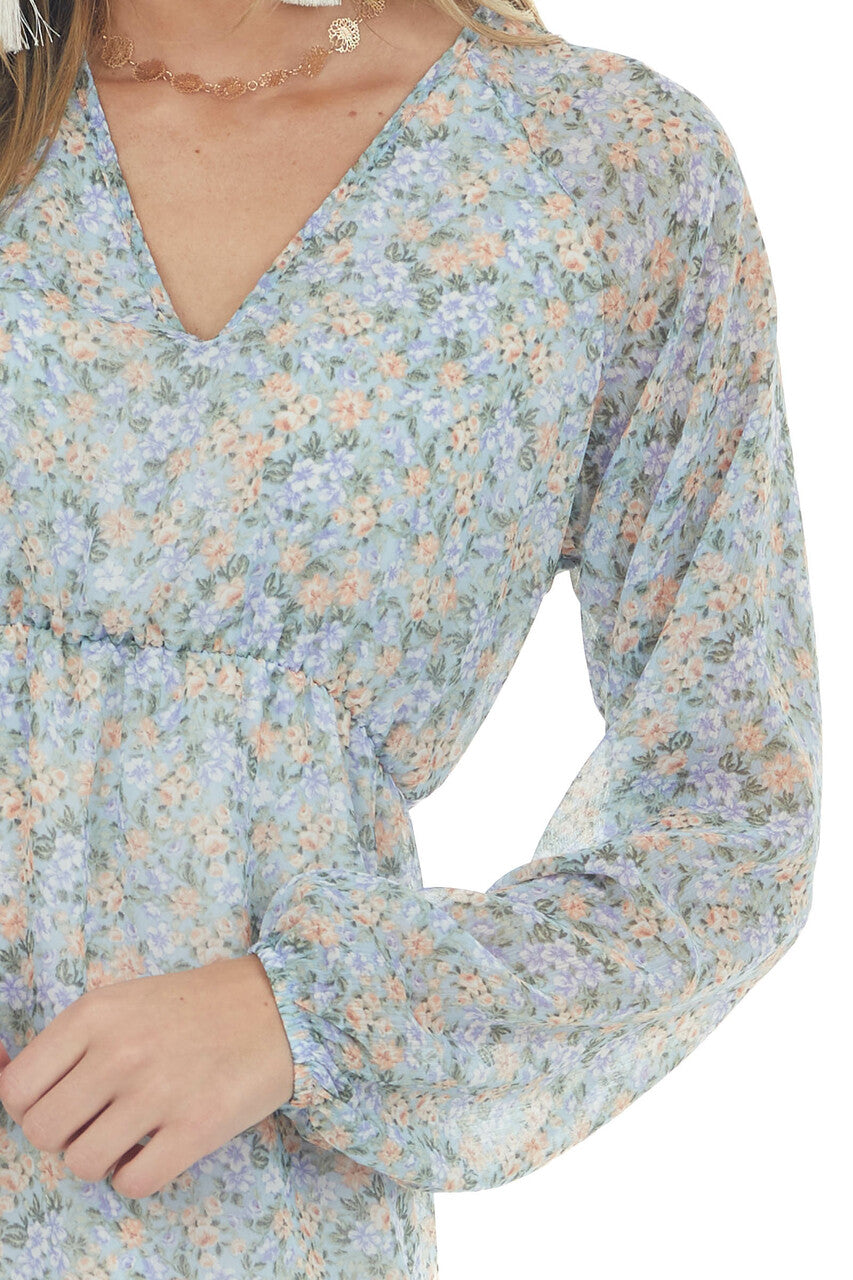 Arctic Blue Floral Long Sleeve Woven Dress