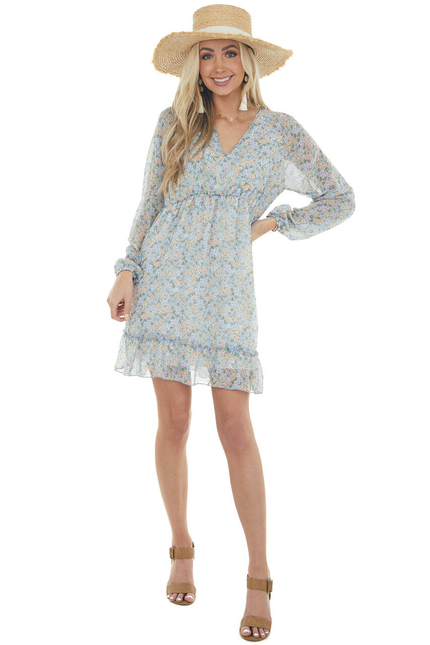 Arctic Blue Floral Long Sleeve Woven Dress
