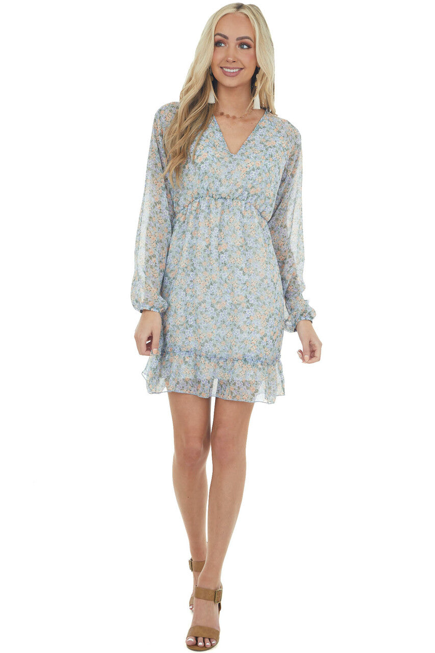 Arctic Blue Floral Long Sleeve Woven Dress