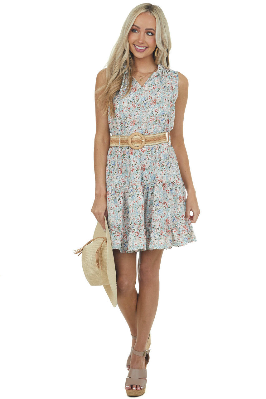 Arctic Blue Floral Ruffle Tiered Short Dress 