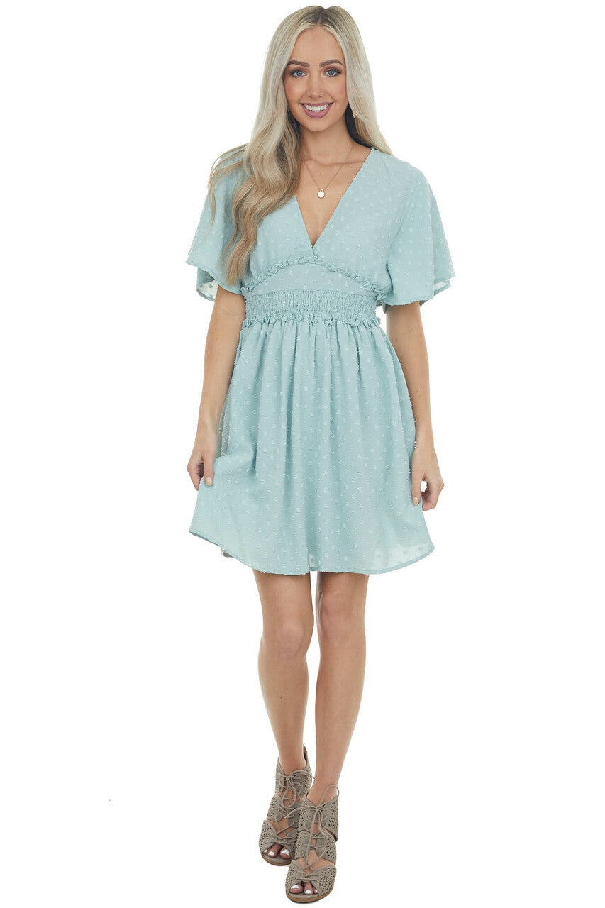 Arctic Blue Swiss Dot Smocked Waist Mini Dress