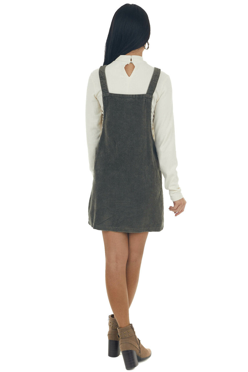 Army Green Button Down Corduroy Overall Dress