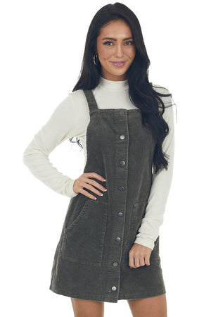 Army Green Button Down Corduroy Overall Dress