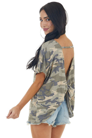 Army Green Camo Print Open Back Knit Top with Twist Detail
