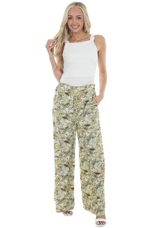 Army Green Leaf Print Wide Leg Flowy Pants