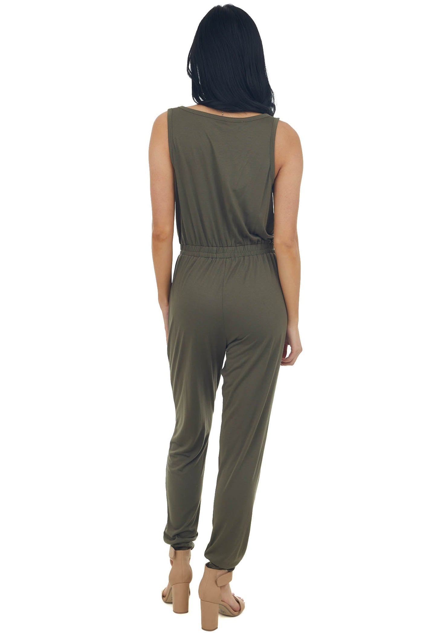 Army Green Sleeveless Elastic Waist Jumpsuit