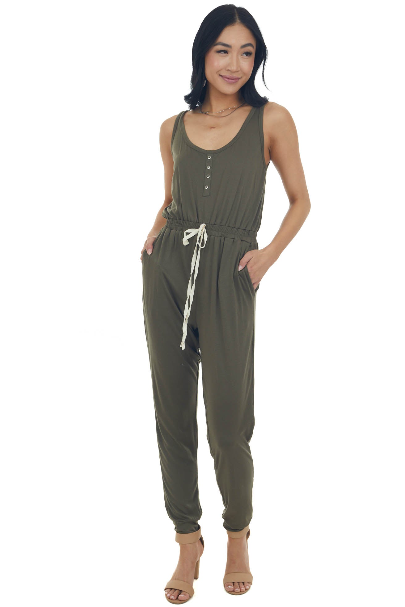 Army Green Sleeveless Elastic Waist Jumpsuit