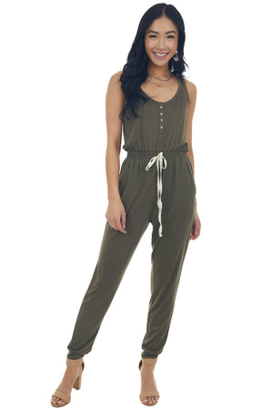 Army Green Sleeveless Elastic Waist Jumpsuit