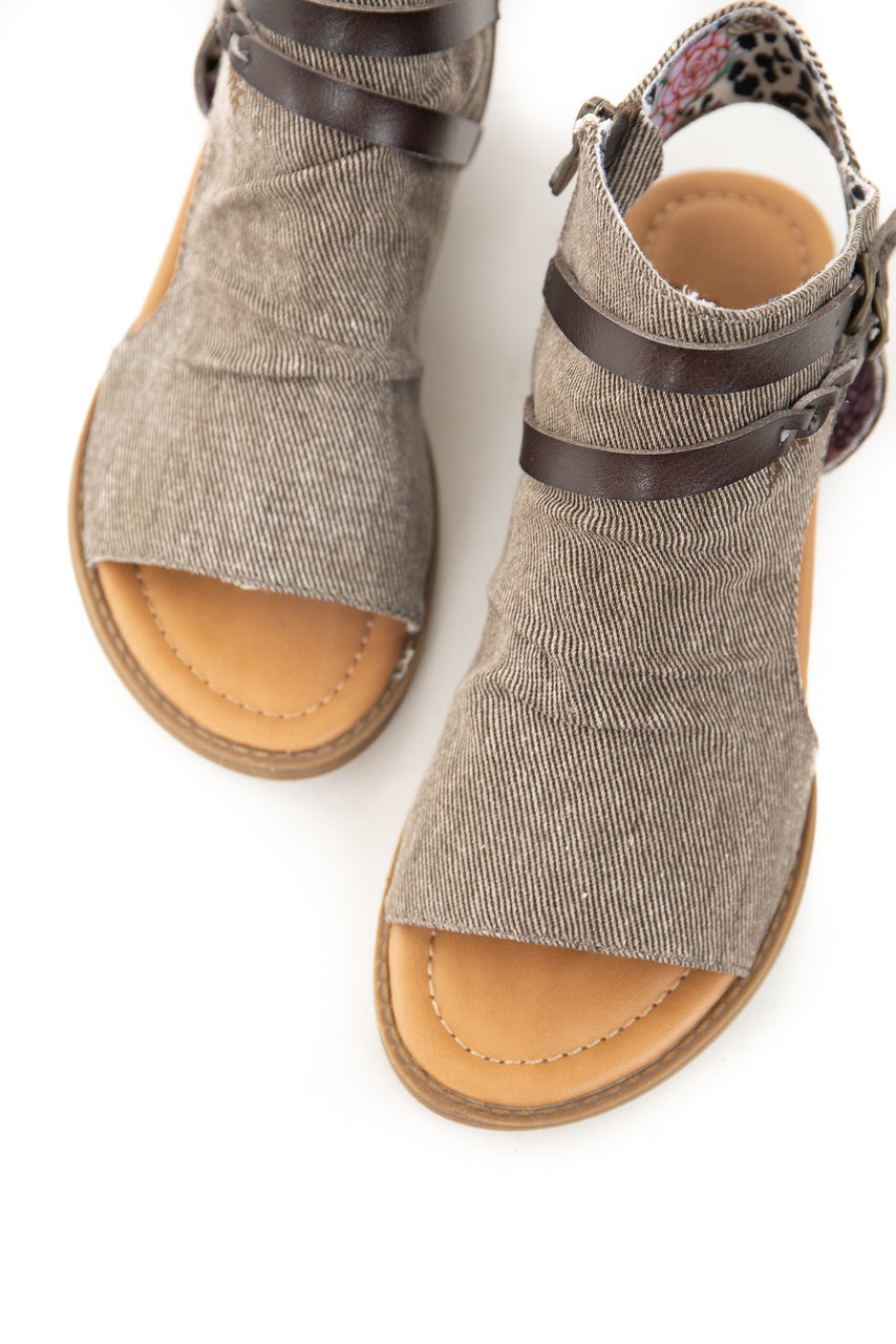 Ash Grey Fabric Top Open Toe Sandals with Buckle Details