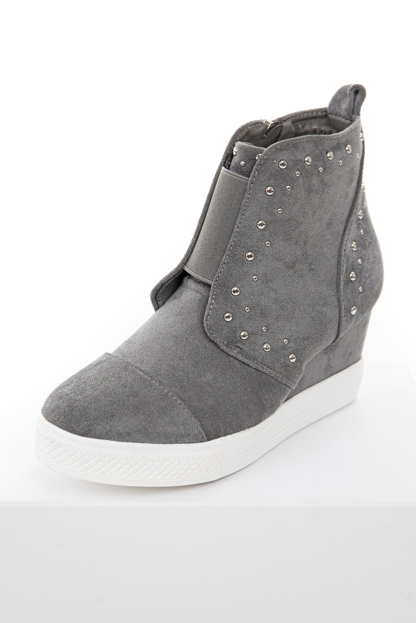 Ash Grey Faux Suede Wedge Sneakers with Silver Stud Details