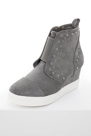 Ash Grey Faux Suede Wedge Sneakers with Silver Stud Details