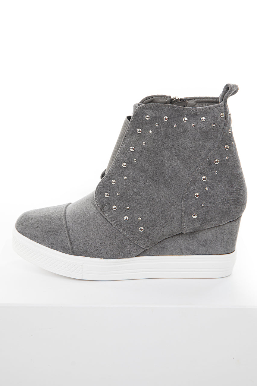 Ash Grey Faux Suede Wedge Sneakers with Silver Stud Details