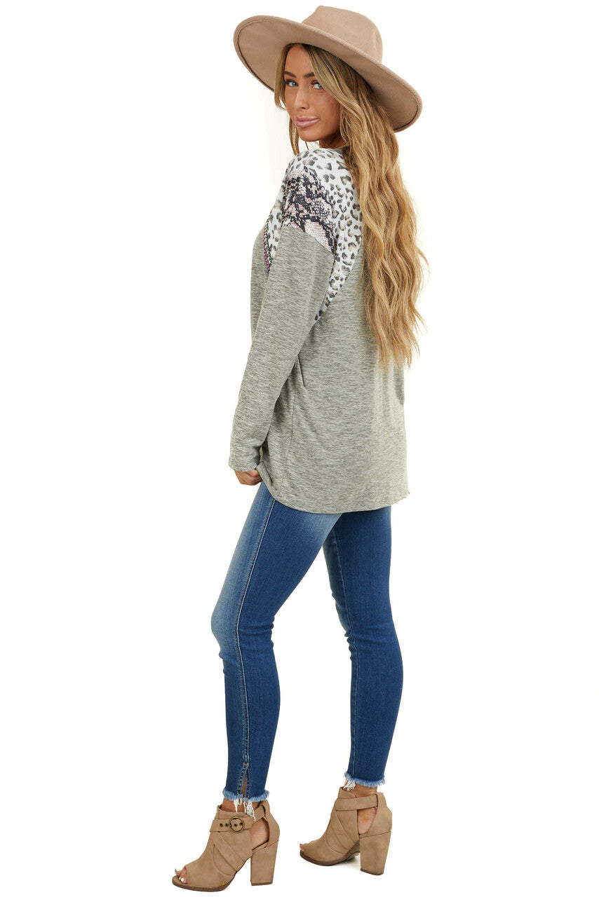 Sage Long Sleeve Top with Leopard and Snakeskin Print