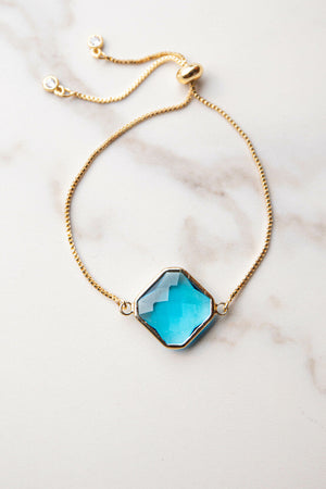 Azure Blue Glass Gem Gold Box Chain Bracelet