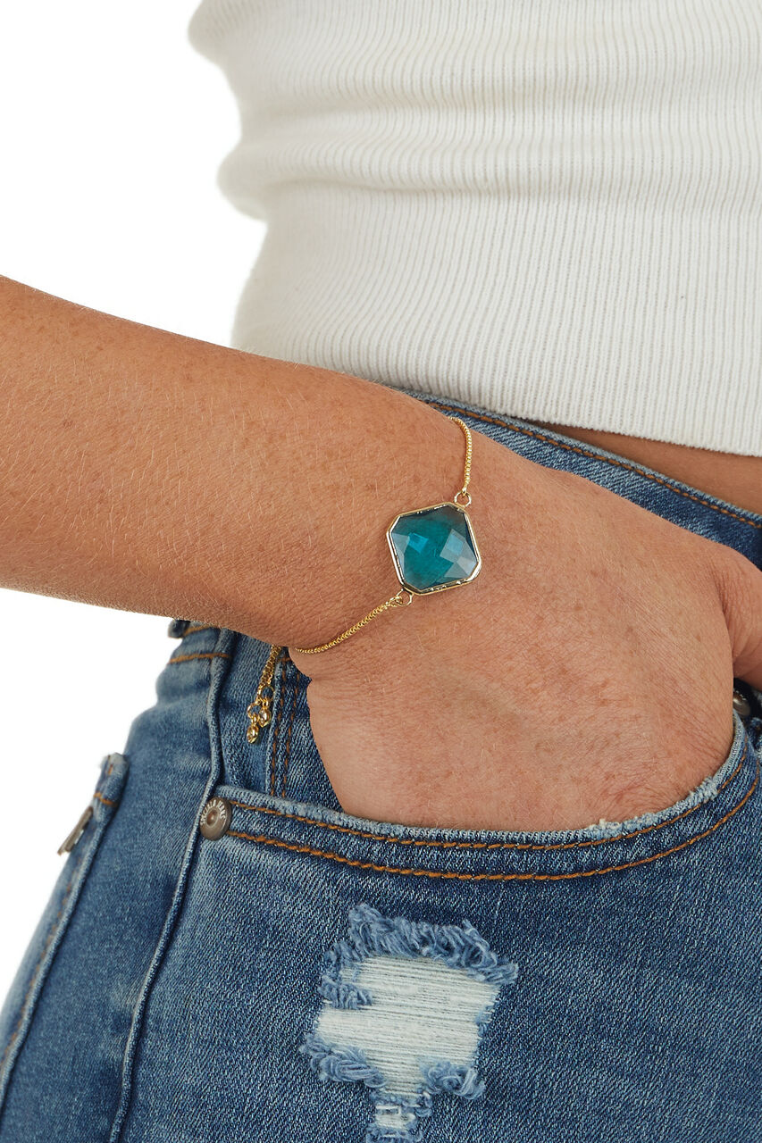 Azure Blue Glass Gem Gold Box Chain Bracelet