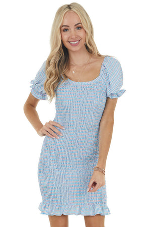Baby Blue and Carnation Plaid Short Puff Sleeve Mini Dress 