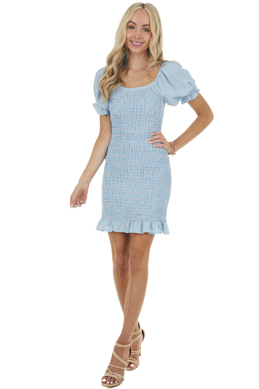 Baby Blue and Carnation Plaid Short Puff Sleeve Mini Dress 